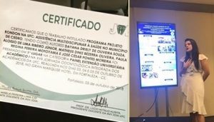 A aluna Dayana Souza, da graduação em Odontologia/UFC, teve artigo premiado em 1º lugar na XVII Jornada Odontológica Integrada dos Acadêmicos da UFC, realizada no período de 03 a 05 de outubro de 2018. Ação Extensionista: Projeto Rondon.